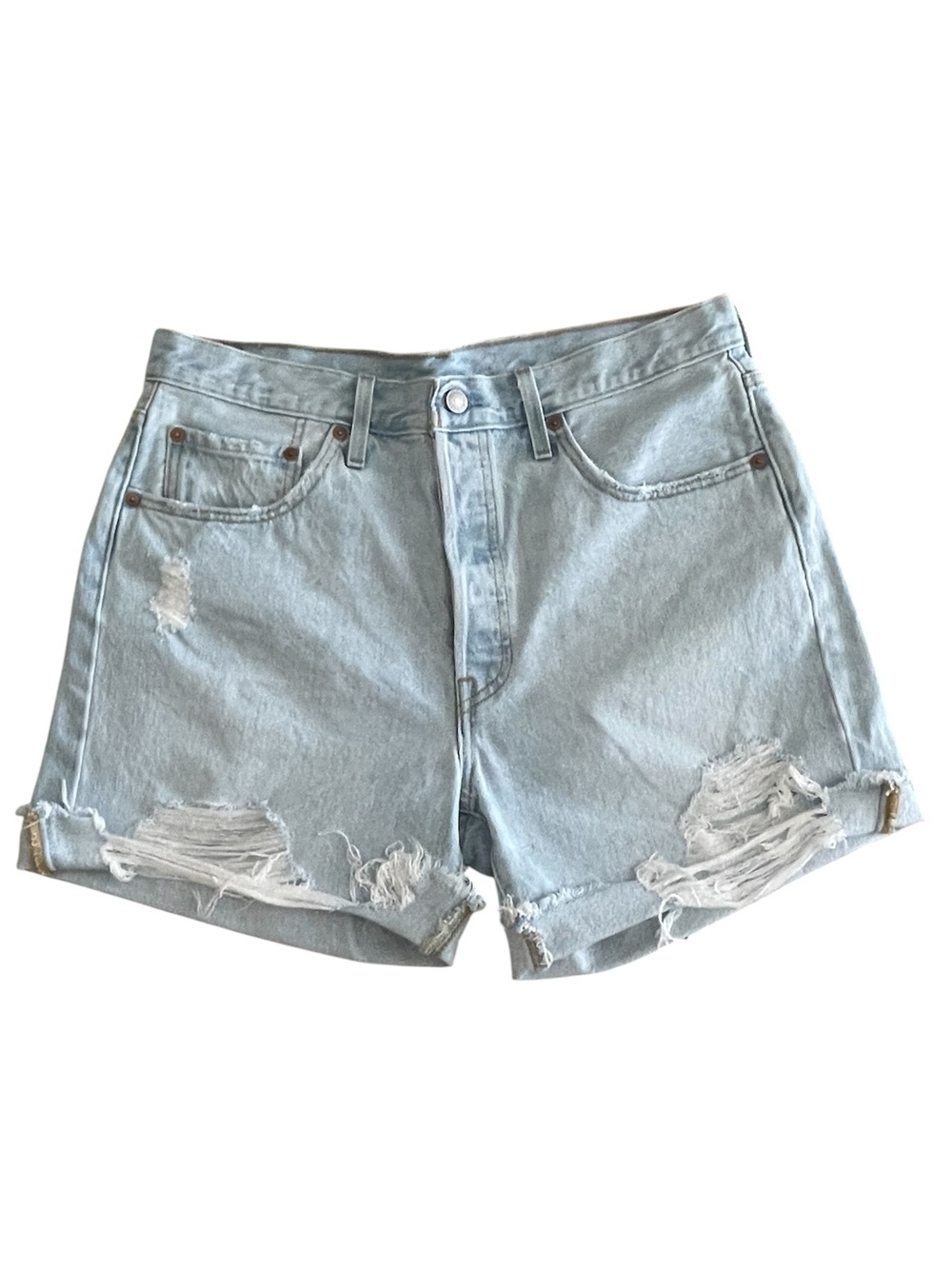 Levi's 501 Light Blue Distressed Denim Shorts Size 32